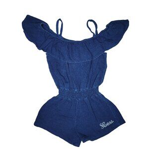 Guess Girls' Off the Shoulder Ruffle shorts Romper blue sparkle diamond accent